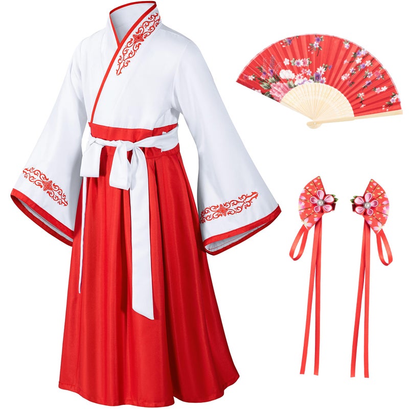 Elibelle Asian Traditional Dress Kimono Robe for Kids Girls Costume Silk Folding Fans hairstick Cosplay(White Red 110cm - Image 1